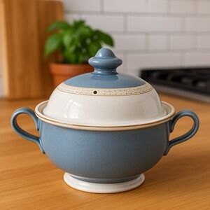 Denby Stoneware English Castile Blue Renaissance Soup Bowl‎  England 10" Handles
